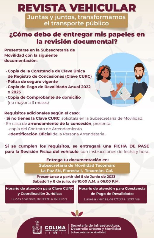 Movilidad Colima: revisión documental en Tecomán, los sábados 8 y 15 de julio