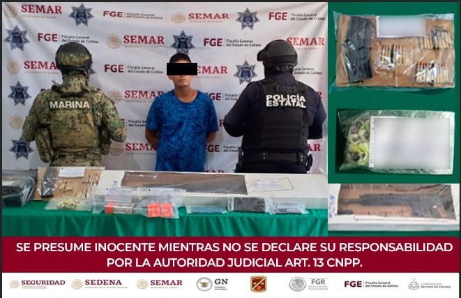 Policía Estatal de Colima detiene a una persona con arma, cartuchos y droga