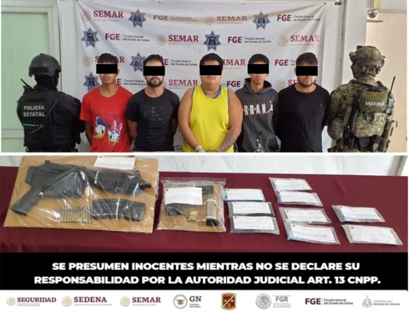 Fuerzas de Seguridad en Colima aprehenden a 5 personas con arma larga, cartuchos y dosis de droga