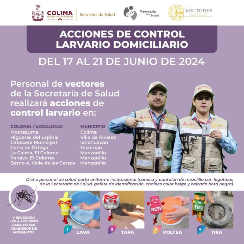 Salud Colima realizará control larvario contra dengue, zika y chikungunya en 5 municipios, la próxima semana