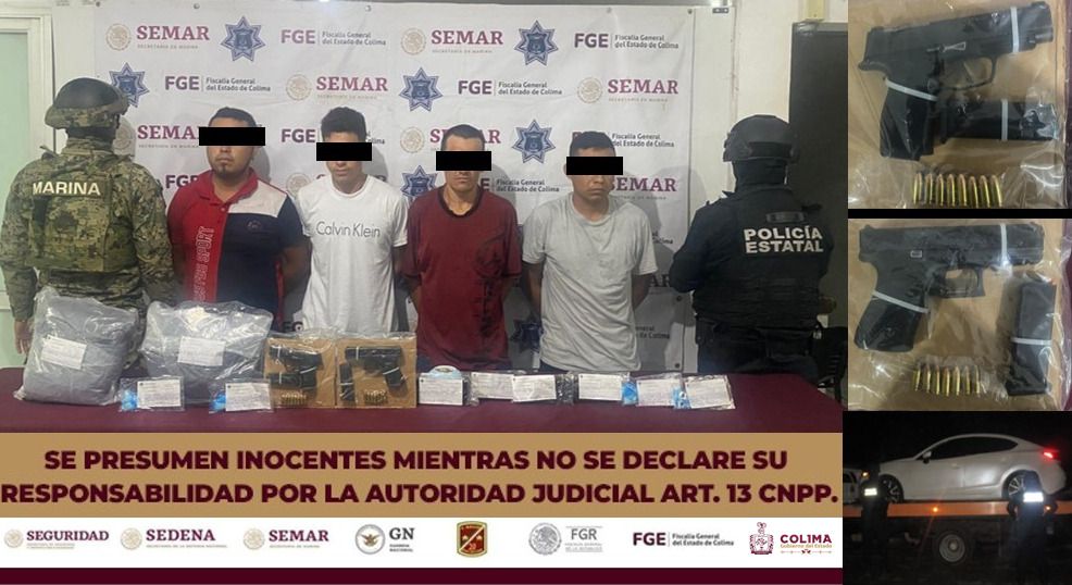 Policía Estatal detiene a cuatro personas en el municipio de Colima y les aseguran armas de fuego, droga y equipo táctico