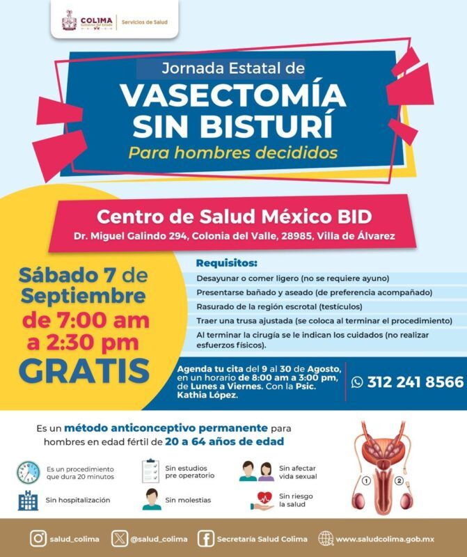 Salud Colima ofrecerá jornada gratuita de vasectomía sin bisturí, en septiembre