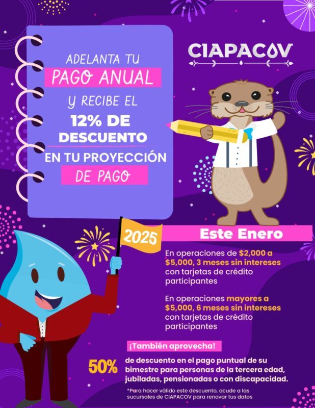 CIAPACOV invita a aprovechar el 12% de descuento en el pago anual adelantado del servicio de agua durante todo enero