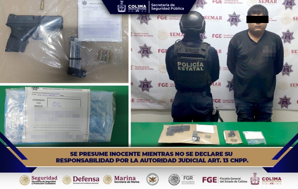 Policía Estatal de Colima detiene a individuo con arma de fuego y droga, en Manzanillo