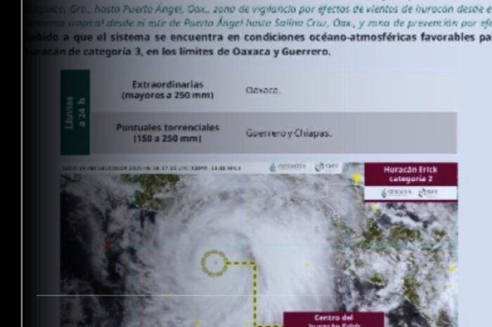 ‘Érick’ ya es huracán categoría 2 y se prevé que este jueves se intensifique a nivel 3