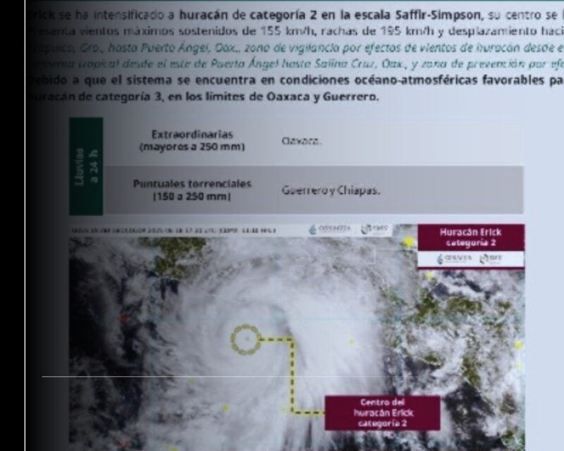 ‘Érick’ ya es huracán categoría 2 y se prevé que este jueves se intensifique a nivel 3