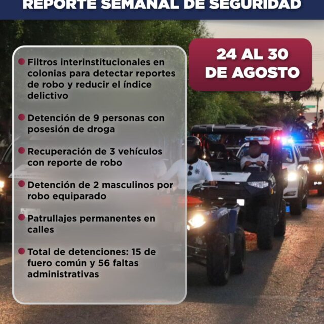3 vehículos recuperados y 71 personas detenidas: resultados de la última semana de la Dirección de Seguridad Pública de Manzanillo