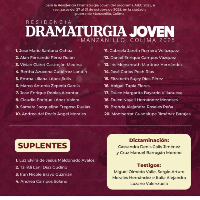 Cultura Colima publica lista de seleccionados para la Residencia Dramaturgia Joven