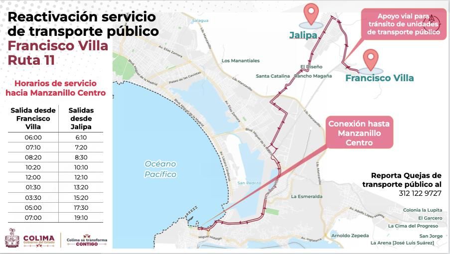 Subsemov realiza acciones para restablecer regularidad y operatividad de la ruta 11 en Manzanillo