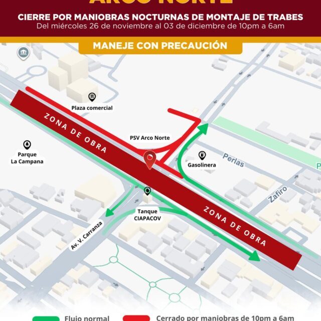 Este miércoles inician cierres nocturnos temporales en la construcción del Arco Norte