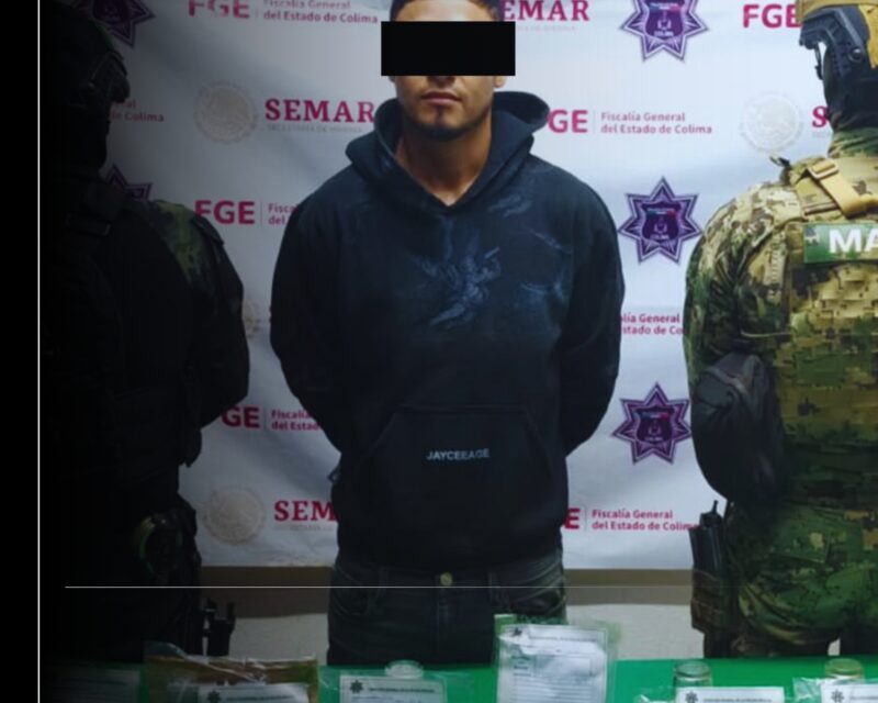 Corporaciones de seguridad en Colima detienen a un sujeto con un arma de fuego y droga sintética